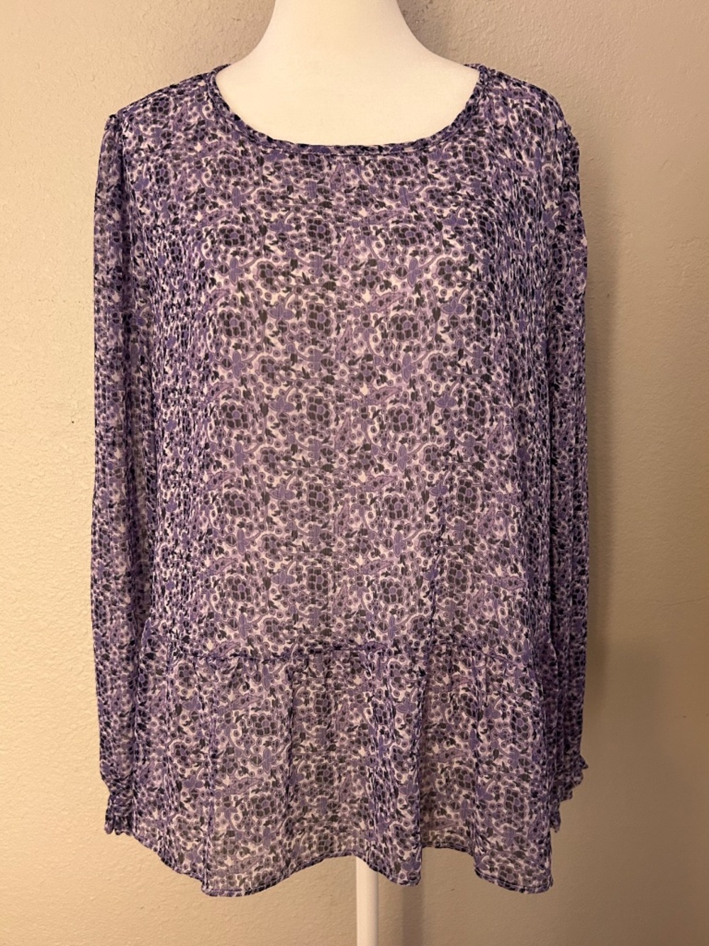 LOFT Lavender Print Long Sleeve Peplum Blouse